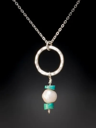 White Freshwater Pearl and Turquoise Heishi Bead on Small Hoop Pendant