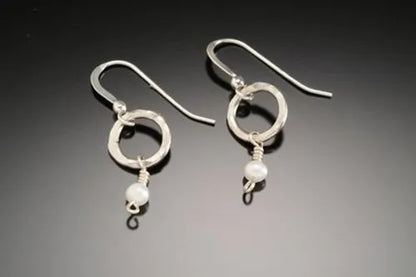 Hammered Silver Hoop Drops with White or Peacock Pearls