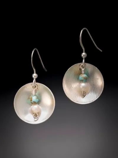 Domed disc earring with turquoise bead & white pearl