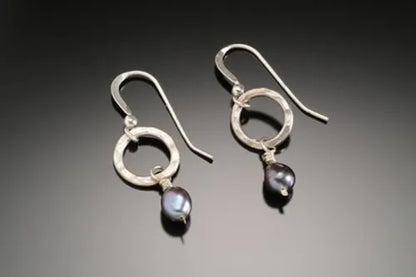 Hammered Silver Hoop Drops with White or Peacock Pearls