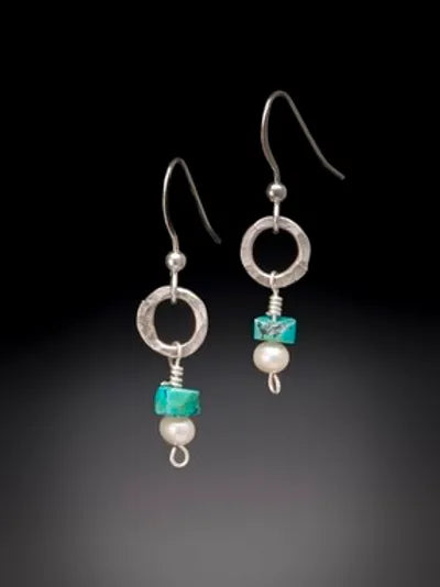 Turquoise and White Freshwater Pearl Drop Tiny Hoop Earrings